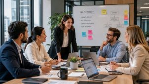 A diverse corporate team brainstorms around a conference table while a female leader presents a strategy plan in a bright, modern office.